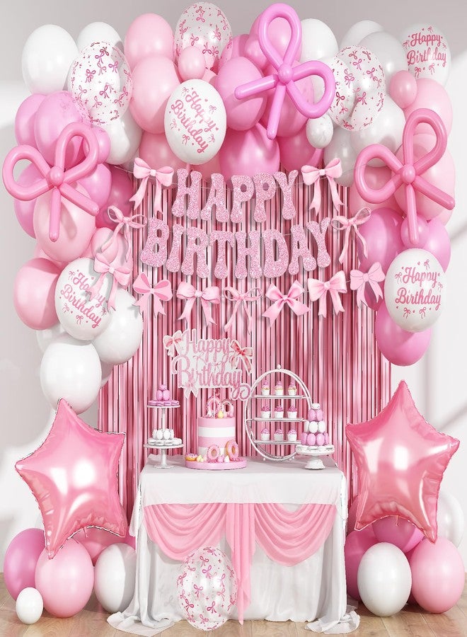 Froova Pink Bow Birthday Decorations, Coquette Party Decoration for Girls Women Pastel Light Pink White Bow Latex Balloons Happy Birthday Banner Cake Topper for Baby Shower Bachelorette Party Decor Supplies - Image 1